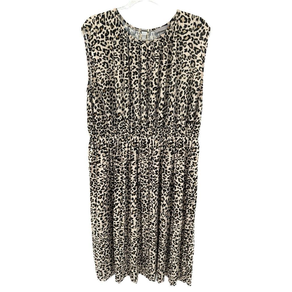 H&M Pleated Leopard‎ Animal Print Midi Dress Sleeveless Elastic Waist Large